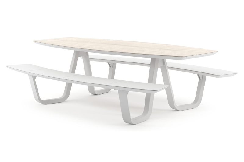 Forno picknicktafel bootvorm in wit aluminium en volkeramiek Travertino Bianco - L 240 x B 181 x H 72 cm