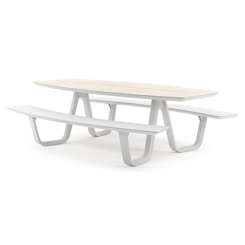 Forno picknicktafel bootvorm in wit aluminium en volkeramiek Travertino Bianco - L 240 x B 181 x H 72 cm