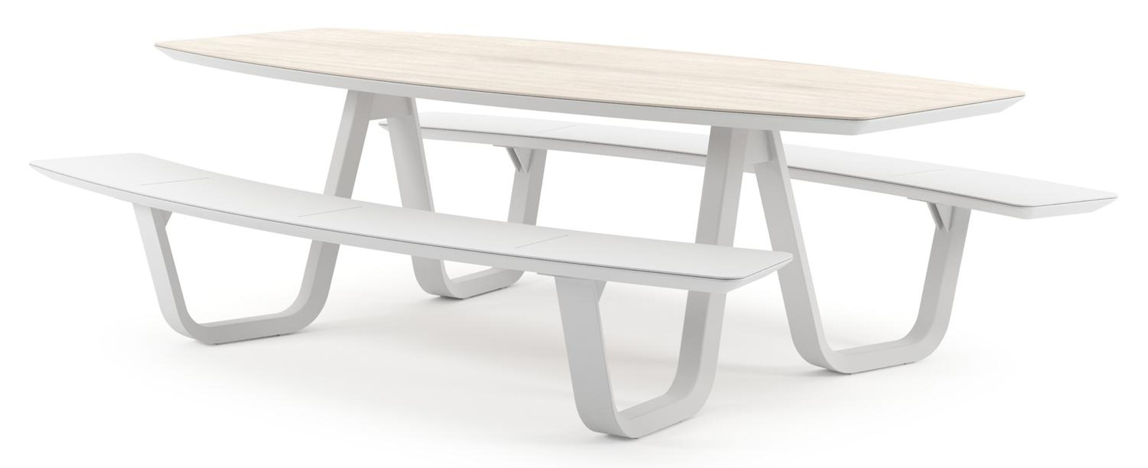 Forno picknicktafel bootvorm in wit aluminium en volkeramiek Travertino Bianco - L 240 x B 181 x H 72 cm