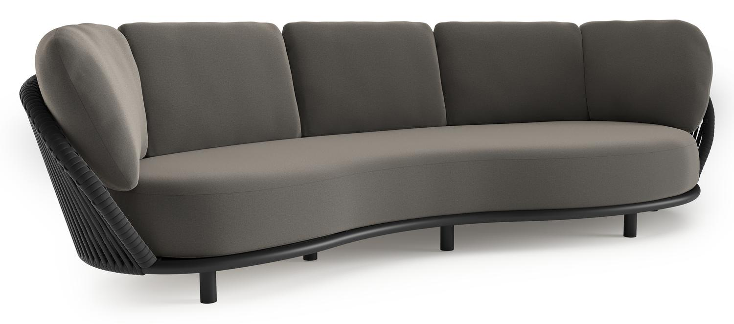 Lupino loungebank in zwart aluminium en zwart verticaal geweven luxe vlakke brede rope met natte dark taupe all weather sunbrella® luxe kussen