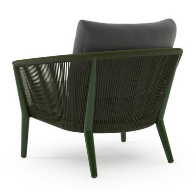 Orso loungestoel in groen aluminium en groen verticaal geweven ronde rope met Natte Charcoal Chine all weather sunbrella® luxe kussen