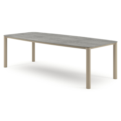 Table de jardin Orso forme de bateau en aluminium beige et céramique pleine Aspen Grey - Lg. 255 x Lrg. 115 x Haut. 74.5 cm