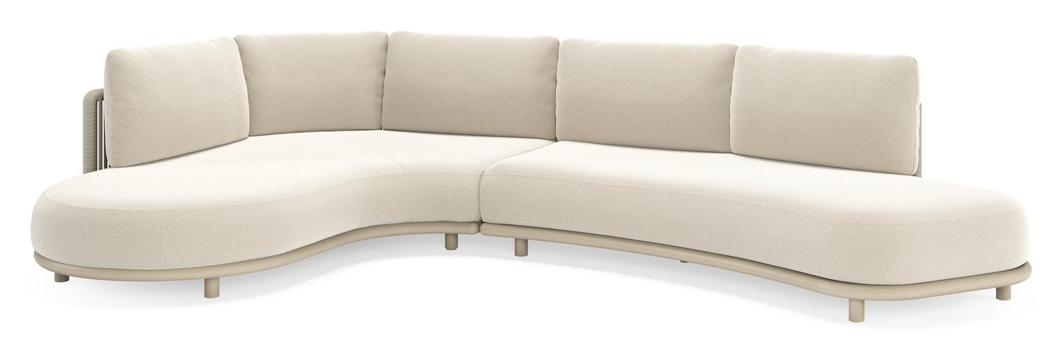 Lomano loungehoek in beige aluminium en beige verticaal geweven luxe vlakke rope met Lopi Marble all weather sunbrellaÂ® luxe