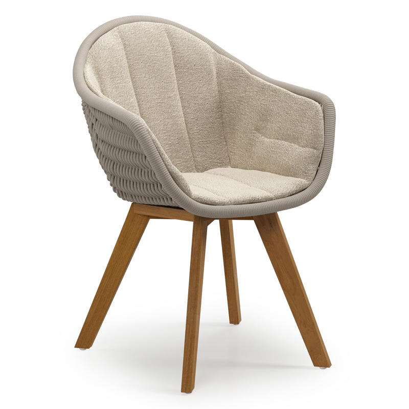 Pagino tuinstoel in teak en beige verticaal geweven ronde rope met zitkussen in All Weather Cosytica Marbella Sand