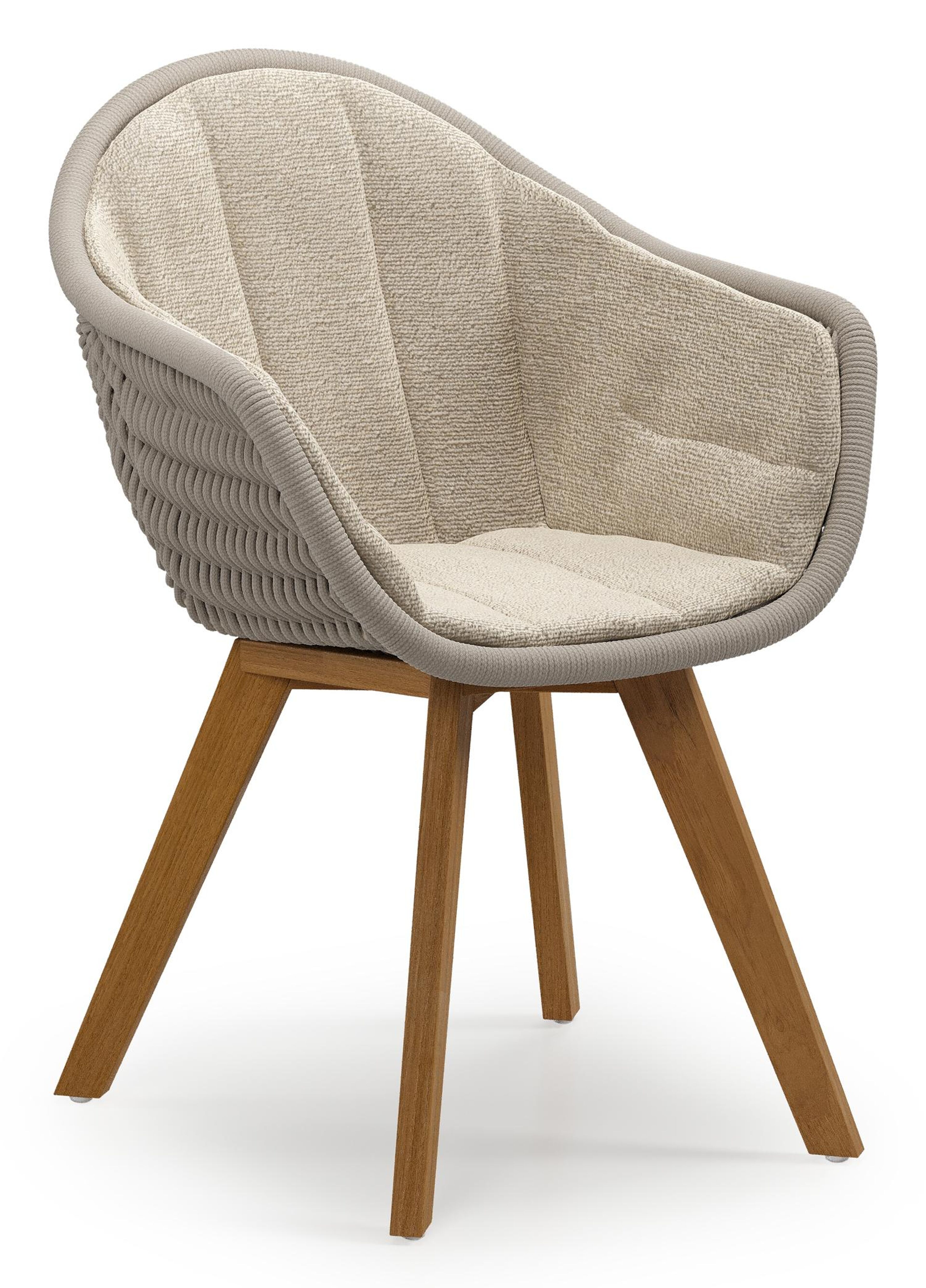 Chaise de jardin Pagino en teck naturel et corde ronde tissée verticalement beige avec coussin en All Weather Cosytica Marbella Sand