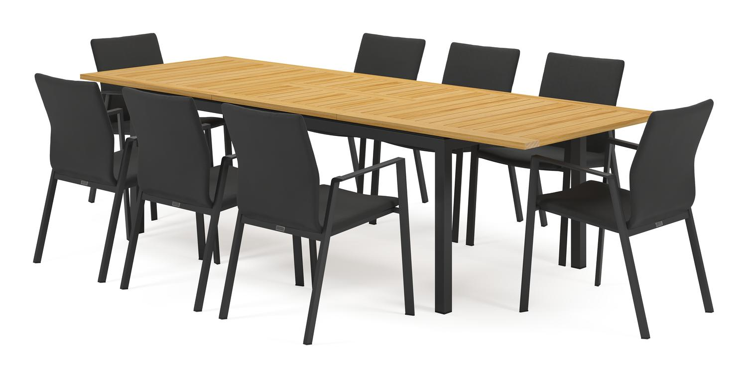 Amalfi tuinset met verlengbare tafel in zwart aluminium en teak tafelblad met 8 stapelbare Madura tuinstoelen