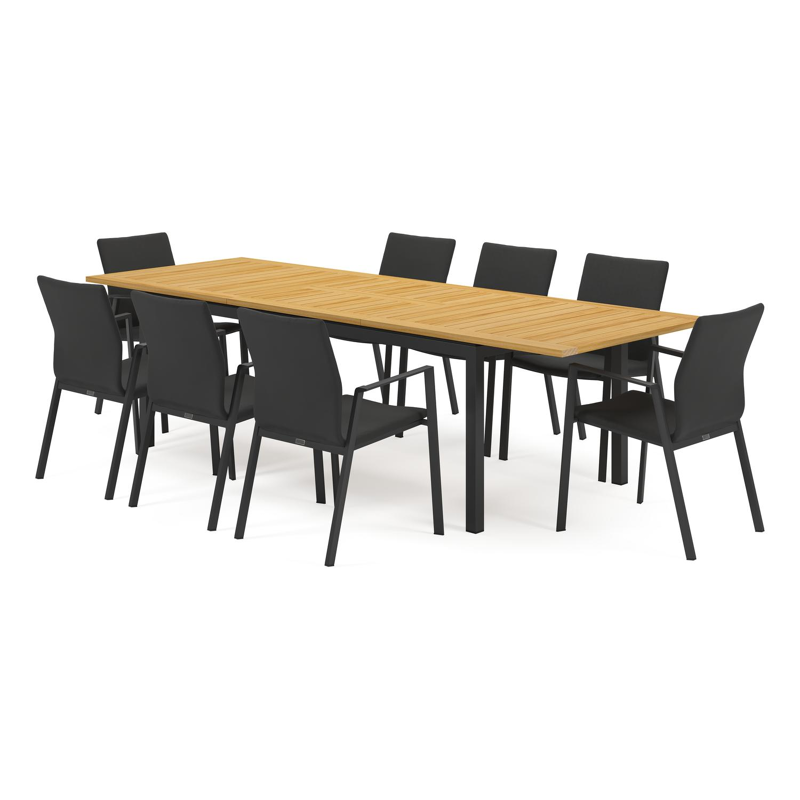 Amalfi tuinset met verlengbare tafel in zwart aluminium en teak tafelblad met 8 stapelbare Madura tuinstoelen