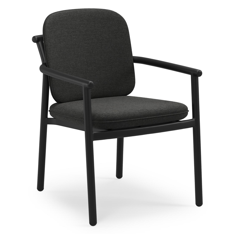 Bono stapelbare tuinstoel in zwart aluminium met stoelkussen in All Weather Sunbrella® Luxe Chartres Sooty