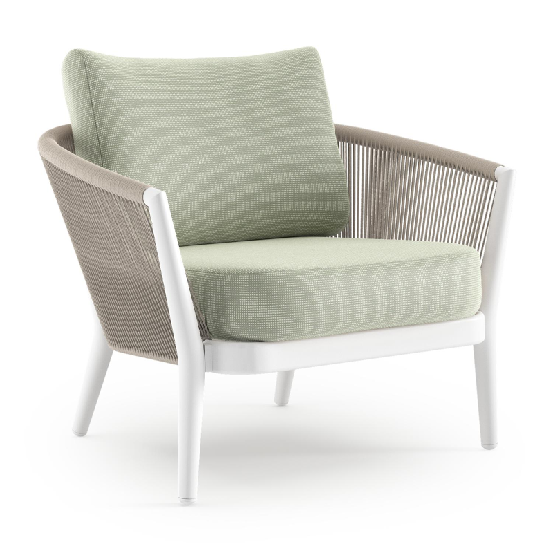 Fauteuil de jardin Orso en aluminium blanc en corde ronde tissée verticalement beige et coussins en all weather sunbrella® luxe Slow Spirea