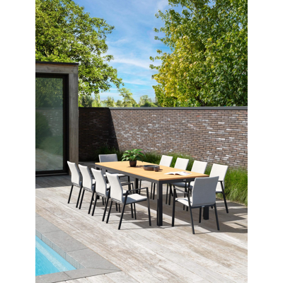 Varese tuinset in zwart aluminium en naturel teak tafelblad met 10 stapelbare Madura tuinstoelen