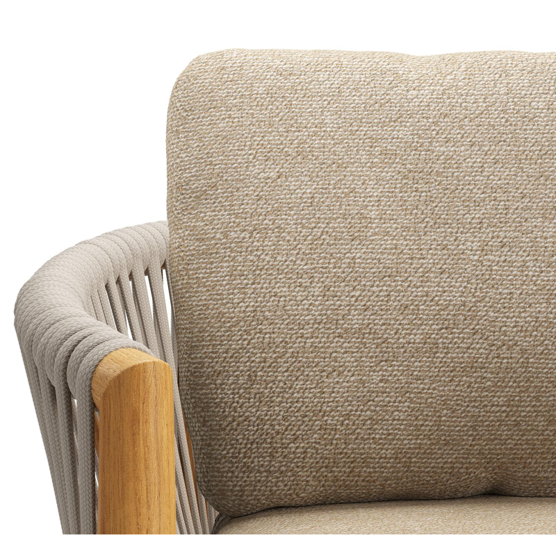 Organo tuinstoel in beige teak en beige verticaal geweven luxe vlakke rope met kussen in All Weather Cosytica Madagascar Oak