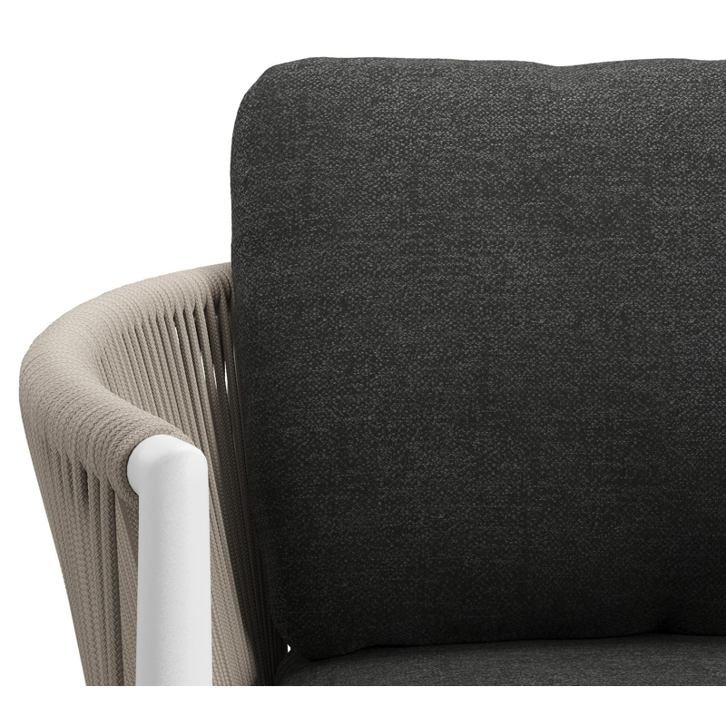 Organo tuinstoel in beige aluminium en beige verticaal geweven ronde rope met stoelkussen in All Weather Sunbrella® Luxe Chartres Sooty