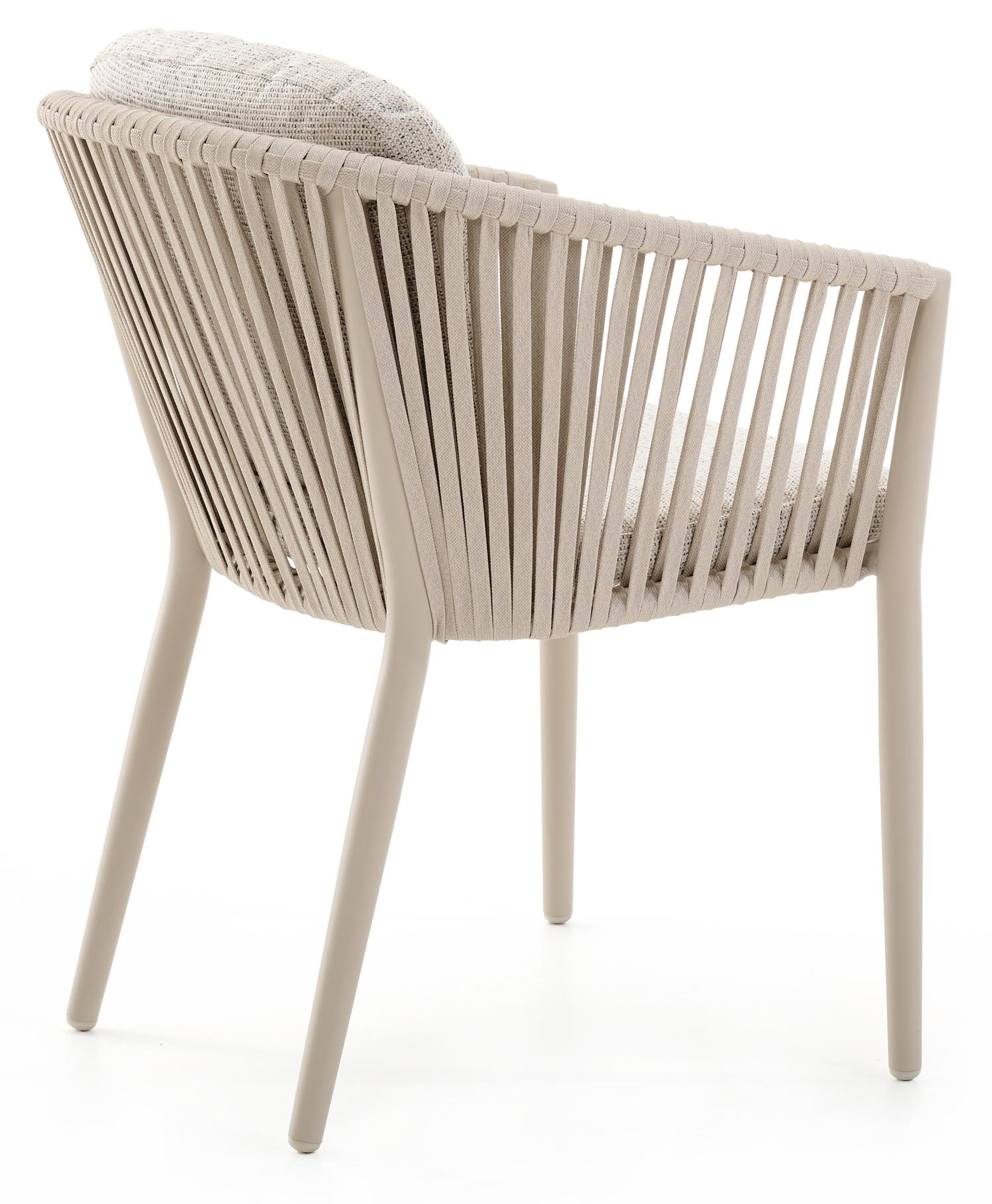 Orso tuinstoel in beige aluminium en verticaal geweven vlakke rope beige met All Weahter Solica FIrenze Natural kussen