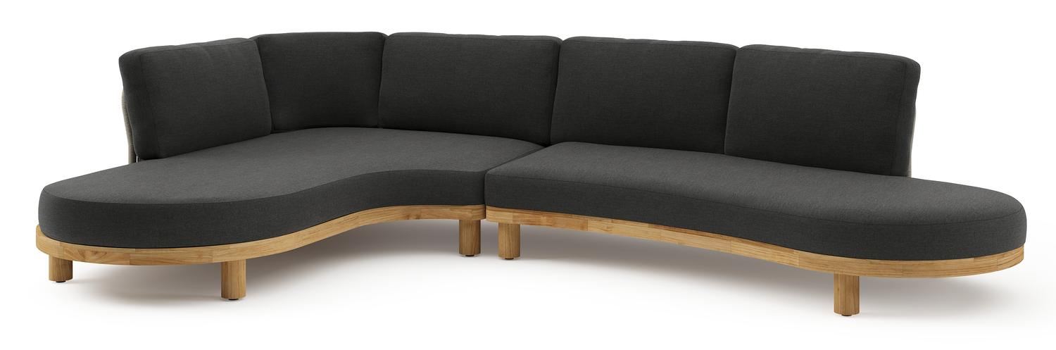 Donato loungehoek in teak en beige verticaal geweven ronde rope met all weather sunbrella® luxe Chartres Sooty kussen