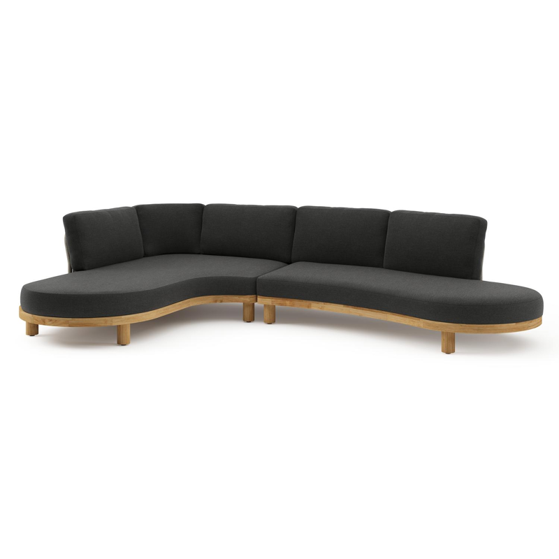 Donato loungehoek in teak en beige verticaal geweven ronde rope met all weather sunbrella® luxe Chartres Sooty kussen