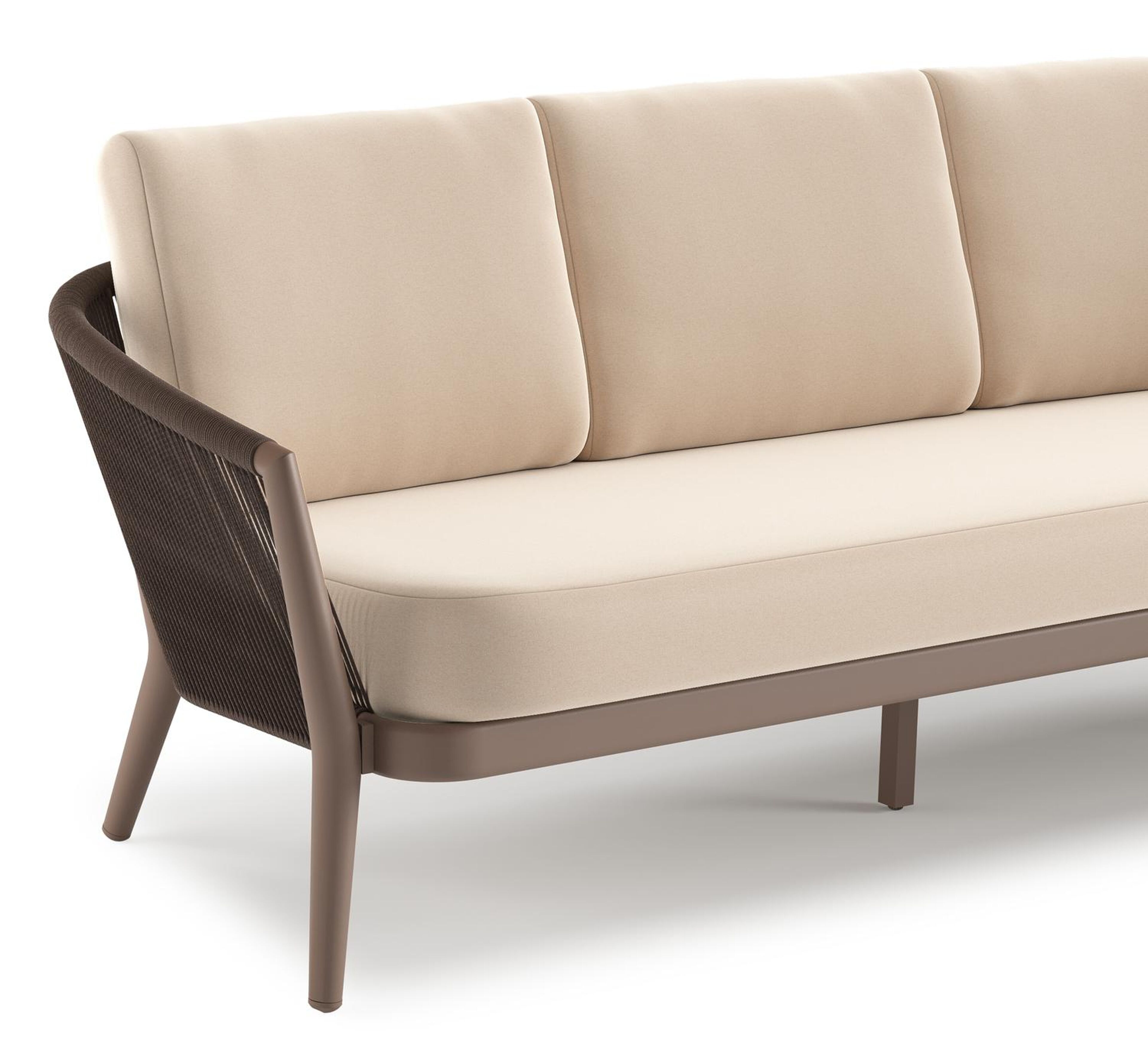 Salon de jardin Orso en aluminium taupe en corde ronde tissée verticalement noir et coussins en all weather sunbrella® luxe Natte Linen Chalk