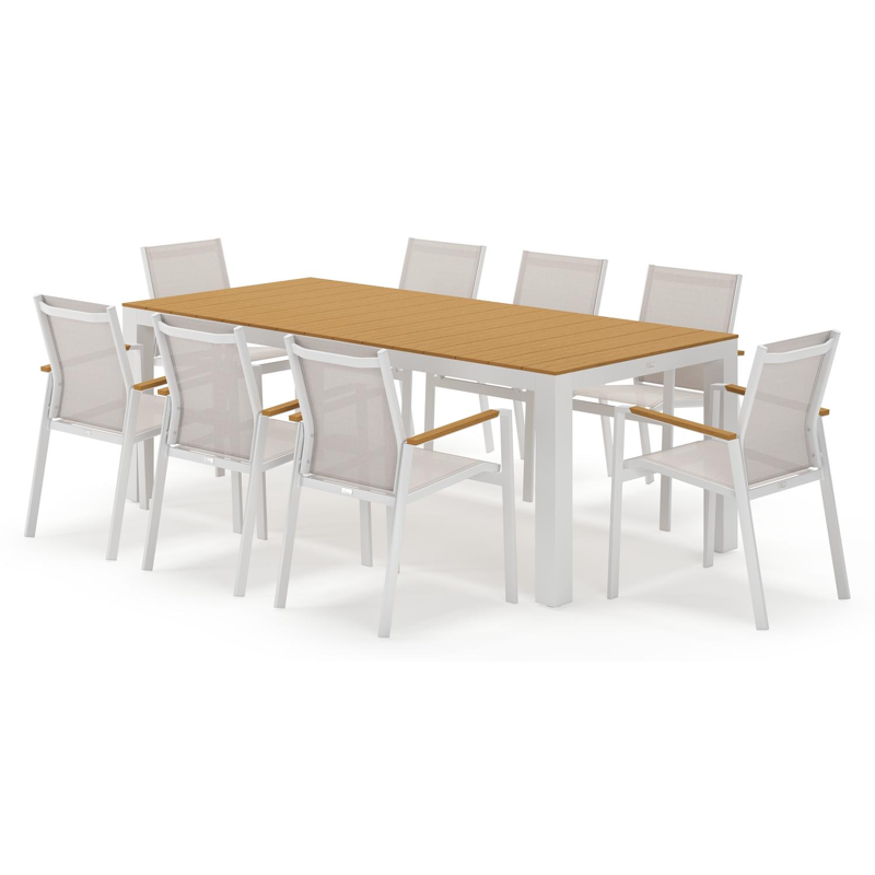 Calzo tuinset rechthoekig in wit aluminium en polywood met 8 Bahia tuinstoelen