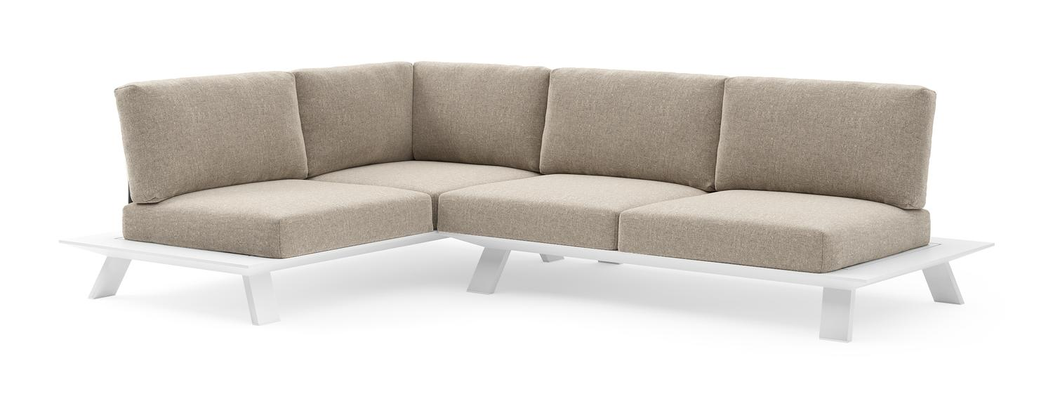 Cesano loungehoek in wit aluminium met chartres pewter all weather Sunbrella® luxe kussen