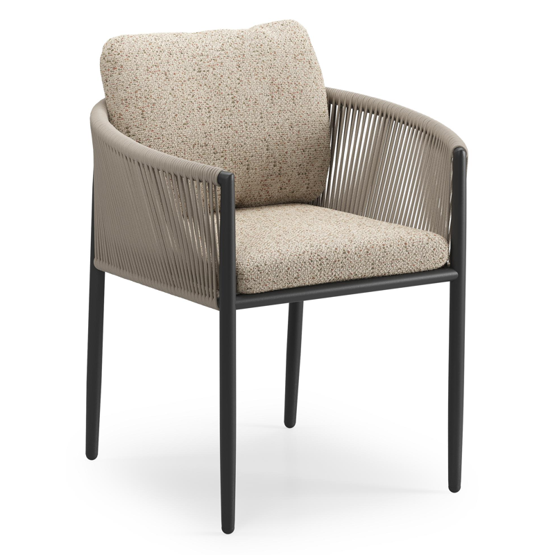 Organo tuinstoel in zwart aluminium en zwart verticaal geweven ronde rope met stoelkussen in All Weather Cosytica Bora Jungle