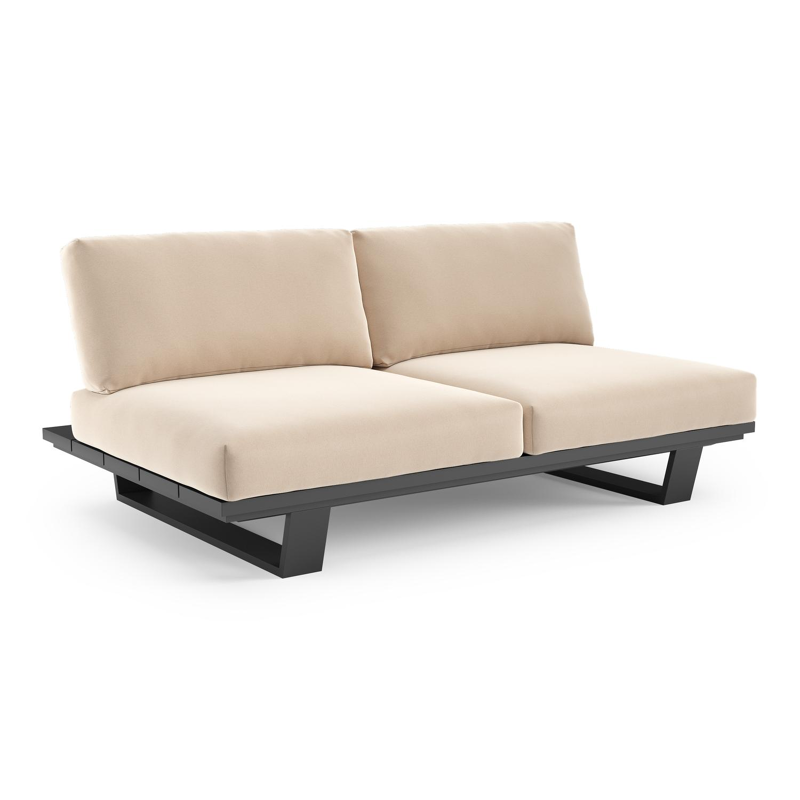 Canapé de jardin Pagino en aluminium noir et coussins en all weather sunbrella® luxe natte linen chalk