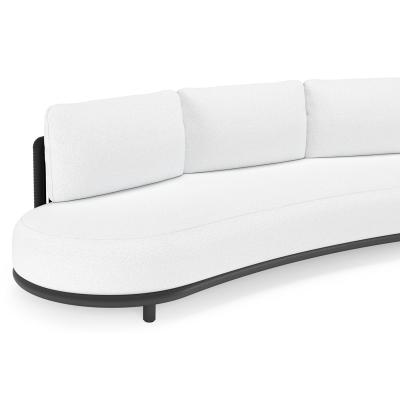 Canapé de jardin Lomano en aluminium noir et corde luxe plate tissée verticalement noir et coussins en all weather solica ego birch