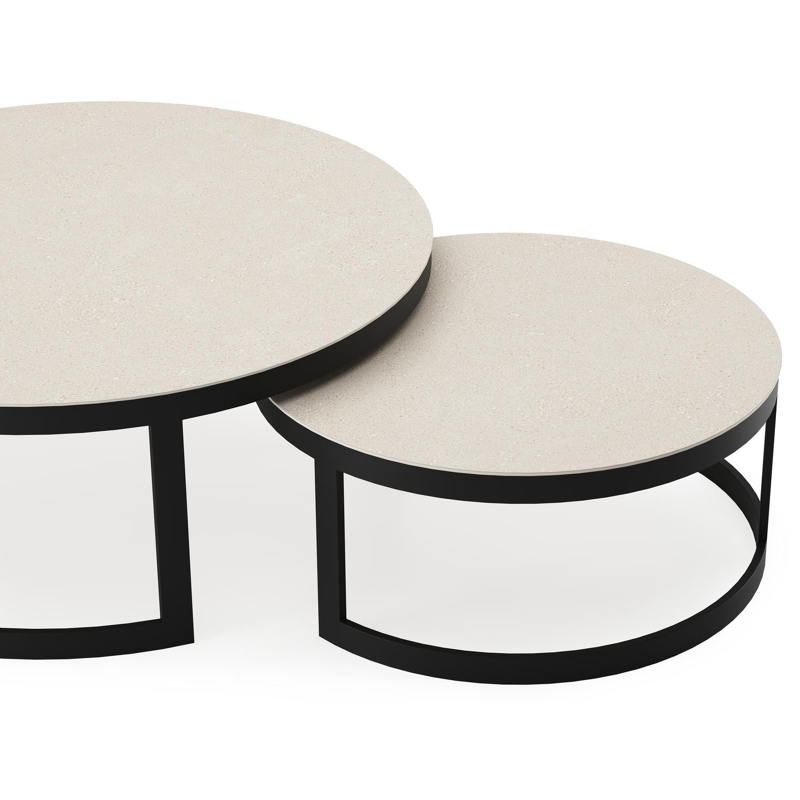 Enna set van 2 loungetafels in zwart aluminium en Beige volkeramiek - Dia. 100/70 x H 37/30 cm