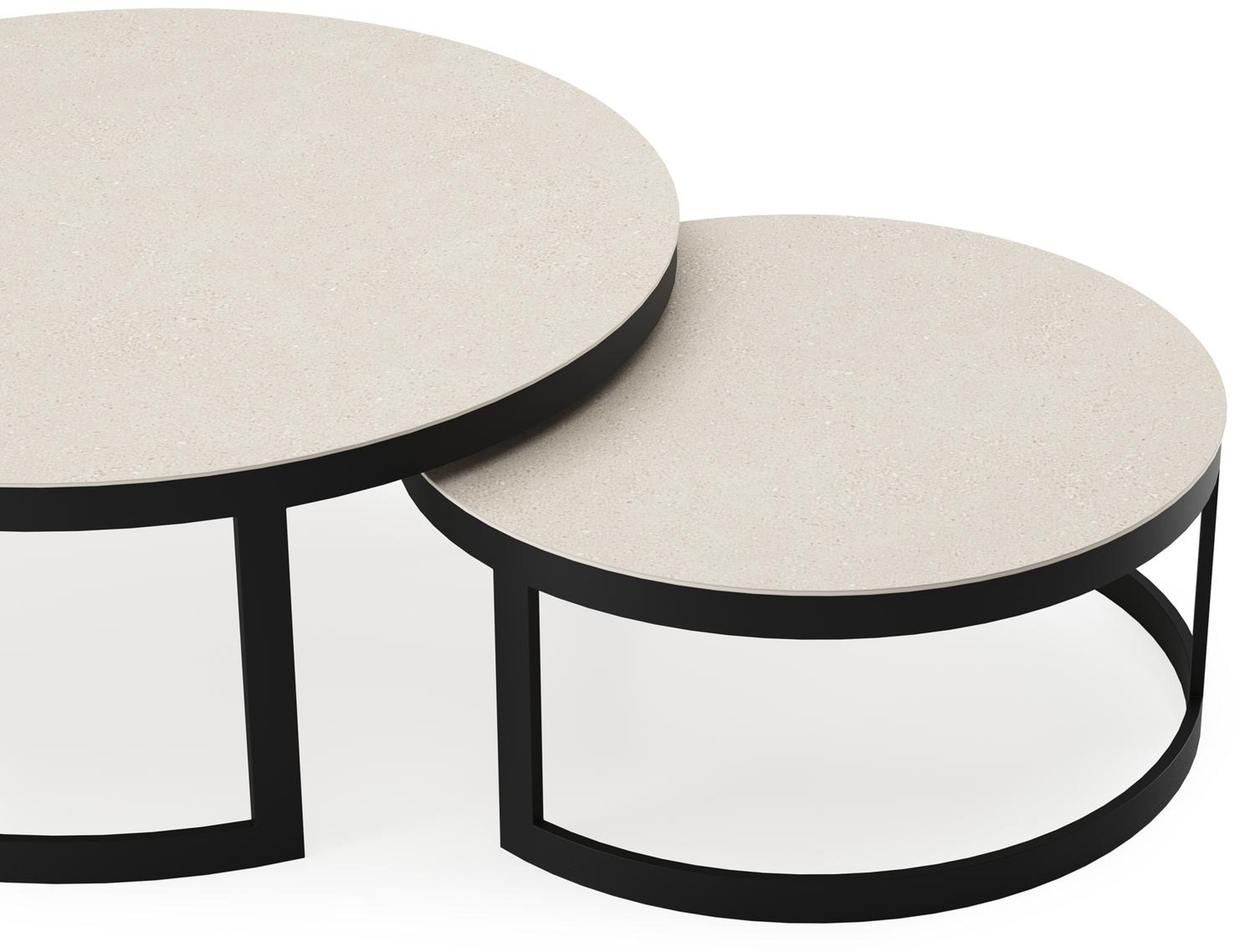 Enna set van 2 loungetafels in zwart aluminium en Beige volkeramiek - Dia. 100/70 x H 37/30 cm