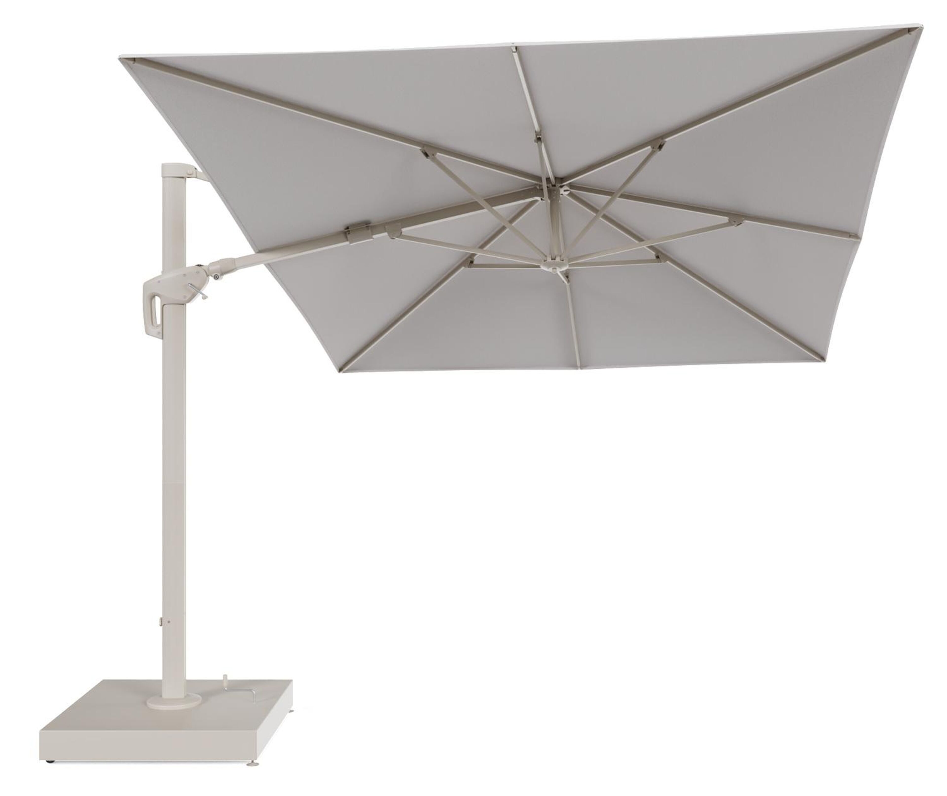 Minore zweefparasol met tiltfunctie in beige aluminium en Ego Eggshell All Weather Solica parasoldoek - L1 400 x L2 300 cm met parasolvoet Minore 260 kg met wielen