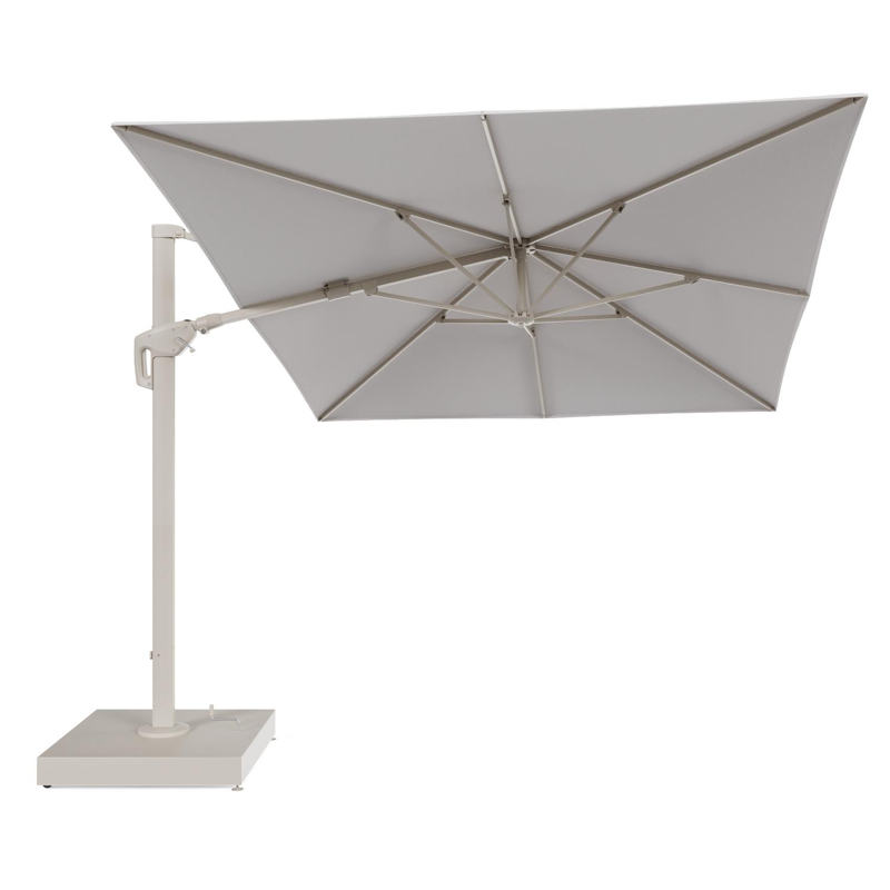 Minore zweefparasol met tiltfunctie in beige aluminium en Ego Eggshell All Weather Solica parasoldoek - L1 400 x L2 300 cm met parasolvoet Minore 260 kg met wielen