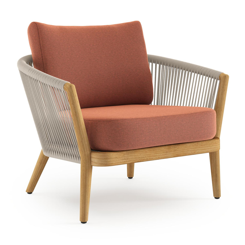 Orso loungestoel in teak en beige verticaal geweven ronde rope met Heritage Rust all weather sunbrella® luxe kussen