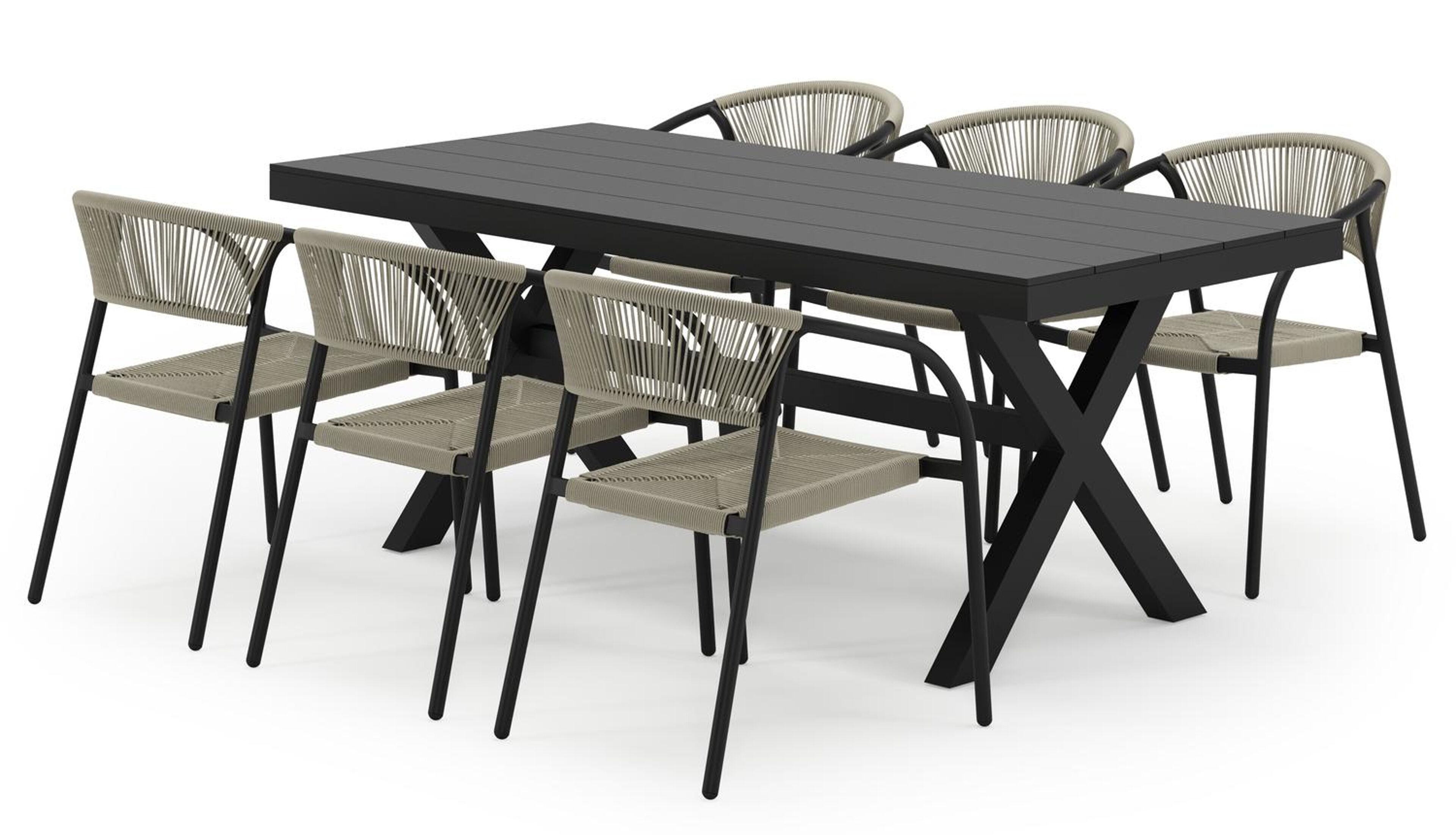 Bahia tuinset in zwart aluminium met 6 stapelbare Melo tuinstoelen