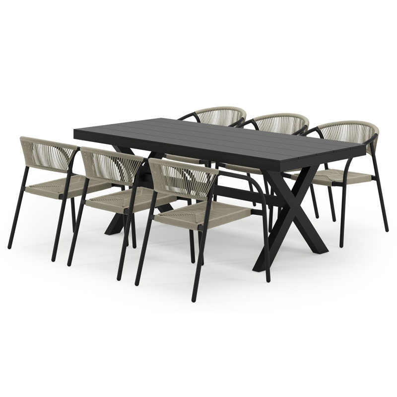 Bahia tuinset in zwart aluminium met 6 stapelbare Melo tuinstoelen