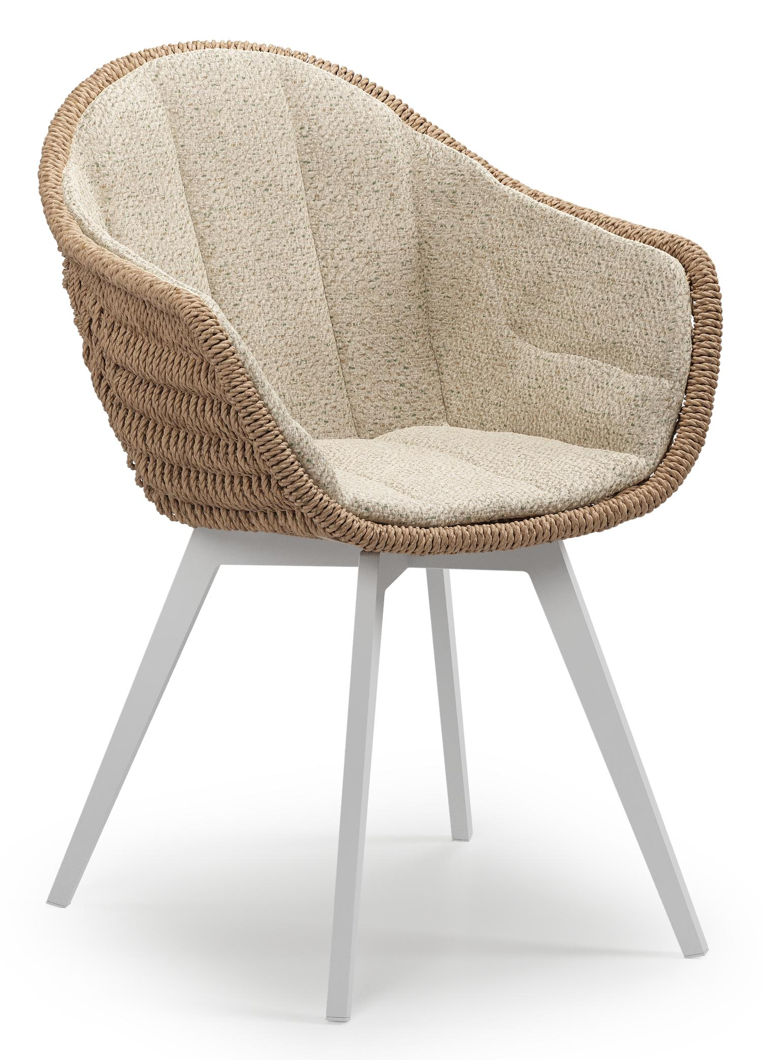 Chaise de jardin Pagino en aluminium blanc et résine tressée ronde naturel avec coussin en bora forest all weather cosytica