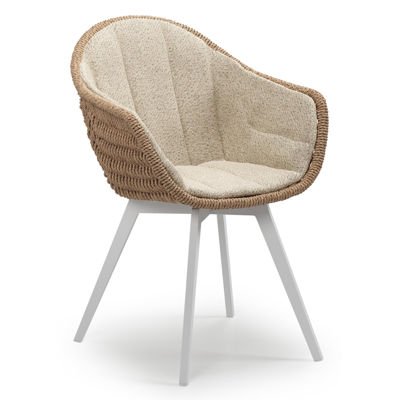 Pagino tuinstoel in wit aluminium en naturel ronde wicker met kussen in bora forest all weather cosytica