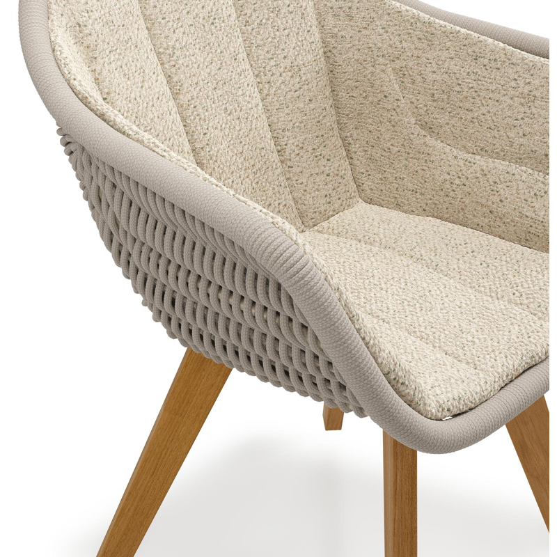 Pagino tuinstoel in teak en beige verticaal geweven ronde rope met zitkussen in All Weather Cosytica Bora Forest