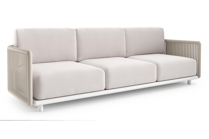 Organo loungebank in wit aluminium en beige verticaal geweven luxe vlakke rope met ego eggshell all weather Solica kussen