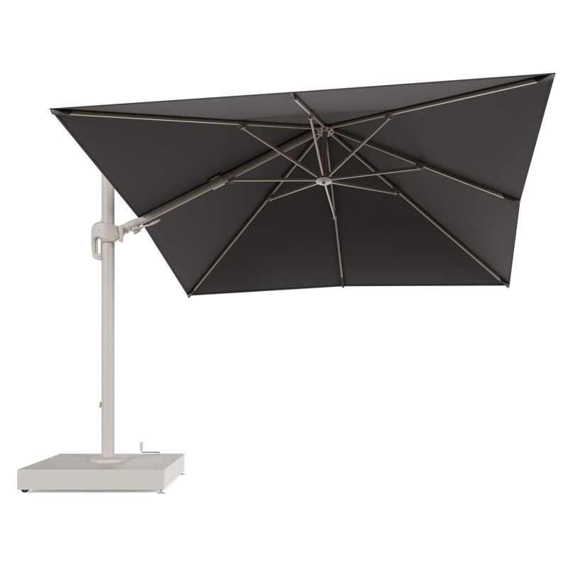 Rufina zweefparasol met tiltfunctie in beige aluminium en Natte Nature Grey All Weather Sunbrella® Luxe parasoldoek - L1 300 x L2 300 cm met parasolvoet Minore 260 kg met wielen