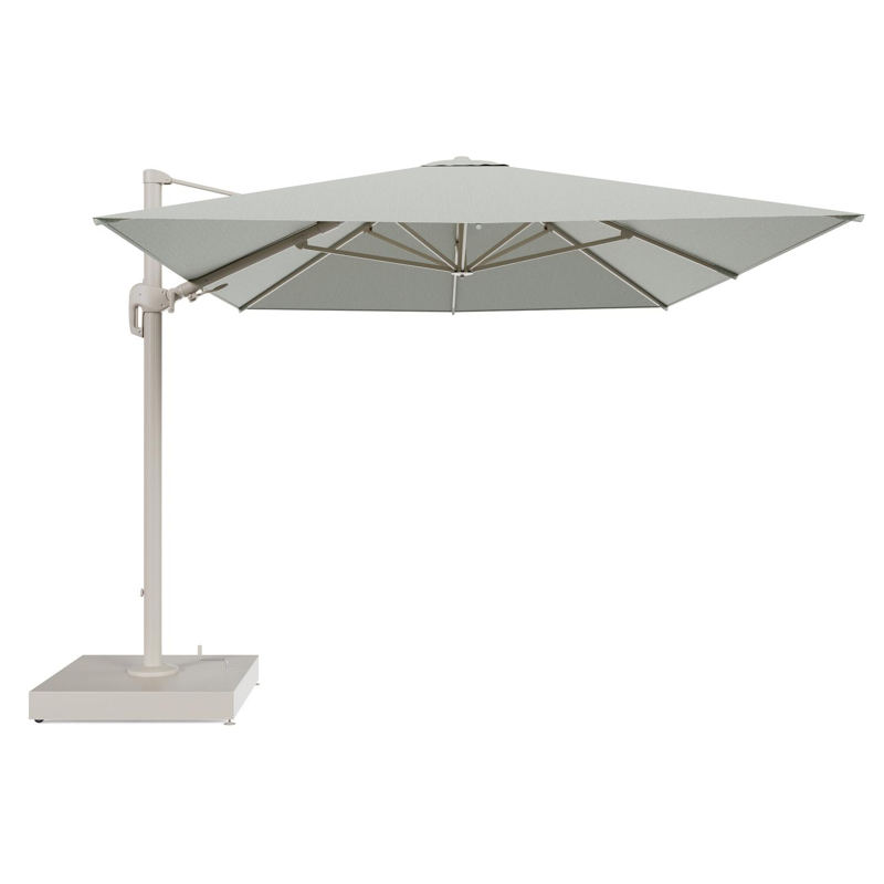 Rufina zweefparasol met tiltfunctie in beige aluminium en Slow Spirea All Weather Sunbrella® Luxe parasoldoek - L1 400 x L2 300 cm met parasolvoet Minore 260 kg met wielen