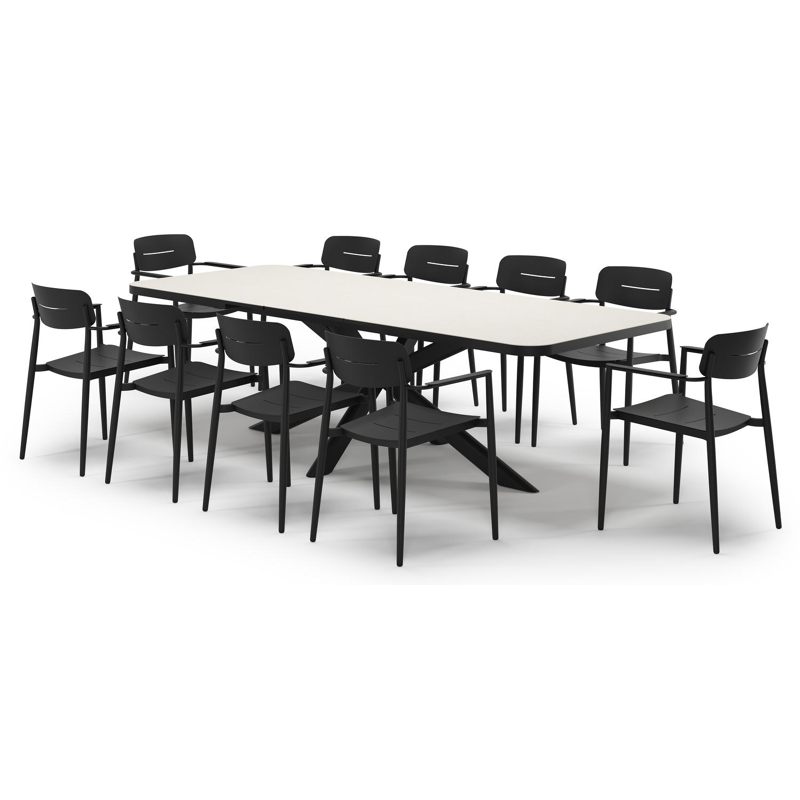 Ensemble de jardin Estella extensible rectangulaire en aluminium noir et sintered stone Crema minerale avec 10 chaises de jardin Cosa