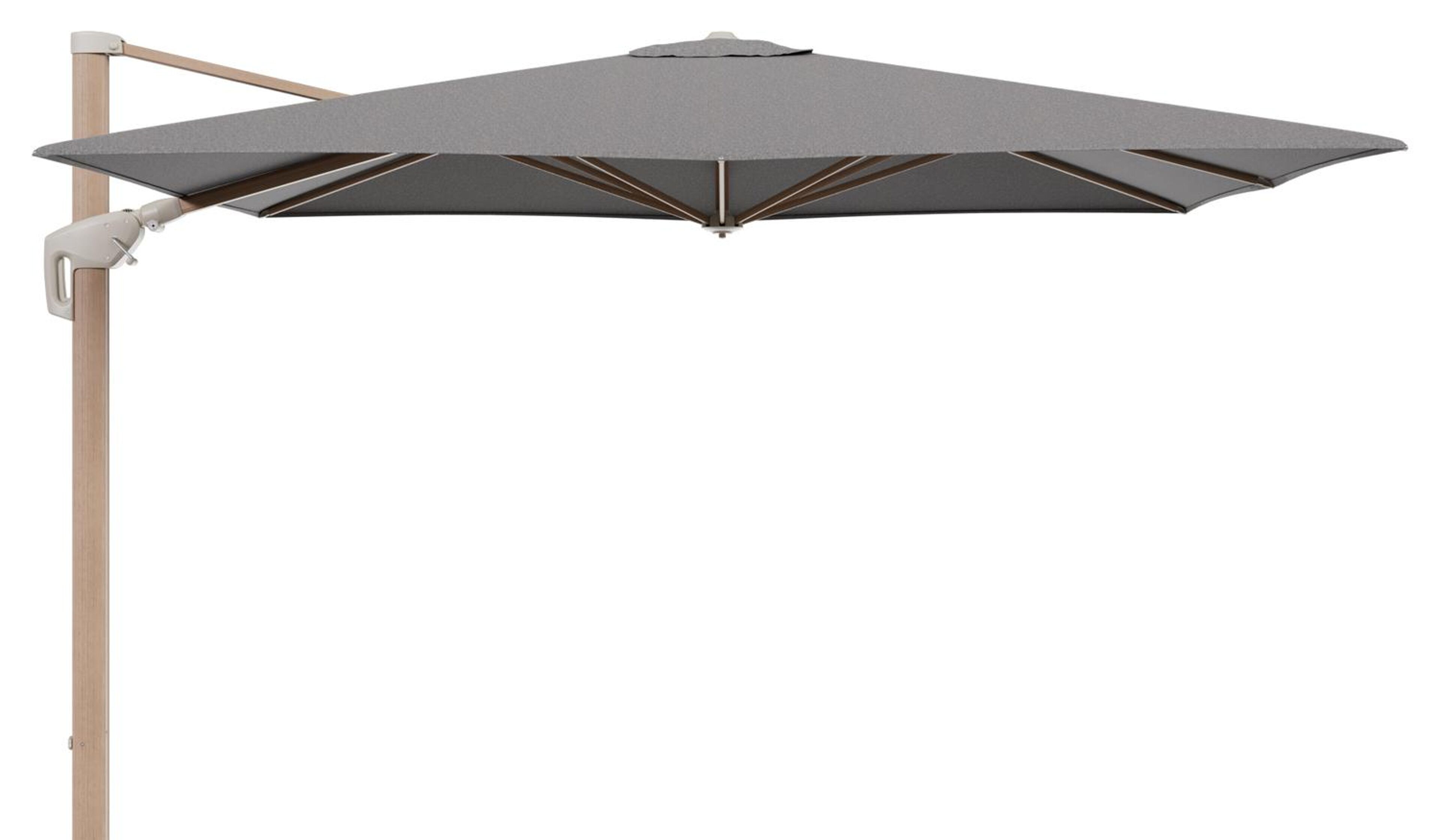 Minore zweefparasol met tiltfunctie in houtlook aluminium en Chartres Drizzle All Weather Sunbrella® Luxe parasoldoek - L1: 280 x L2: 370 cm (zonder voet)