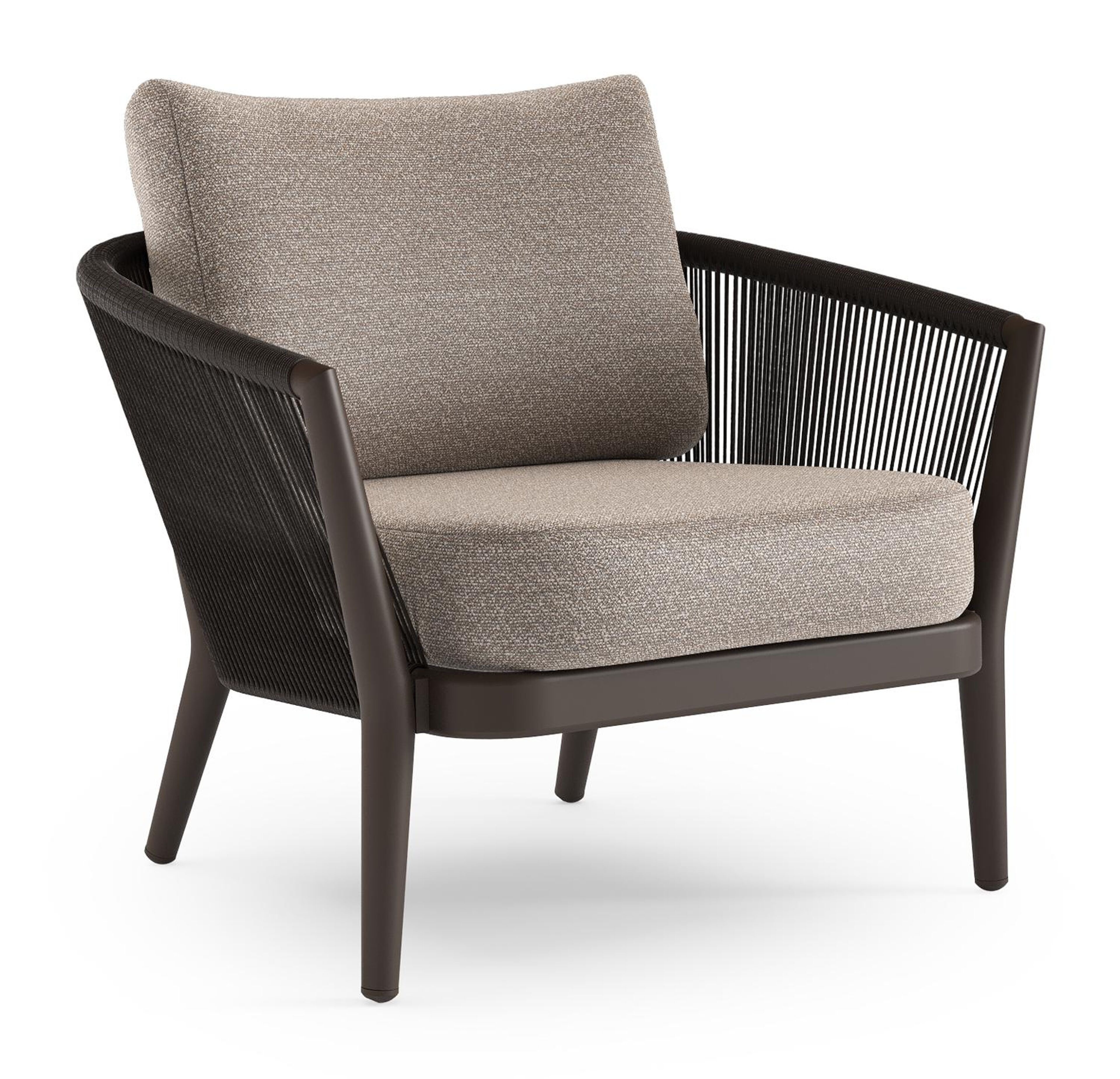 Orso loungestoel in donkerbruin aluminium en donkerbruin verticaal geweven ronde rope met Wander Manioc all weather sunbrella® luxe kussen