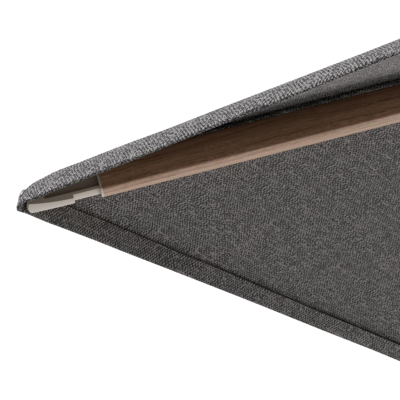 Minore zweefparasol met tiltfunctie in houtlook aluminium en Chartres Drizzle All Weather Sunbrella® Luxe parasoldoek - L1: 280 x L2: 370 cm met parasolvoet Minore 260 kg met wielen