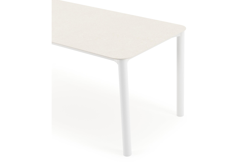 Table de jardin Orso rectangulaire arrondi en aluminium blanc et céramique pleine beige - Lg. 180 x Lrg. 80 x Haut. 75 cm
