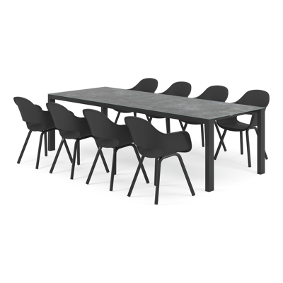 Trente tuinset in zwart aluminium en grijs keramisch glas tafelblad met 8 Artena tuinstoelen