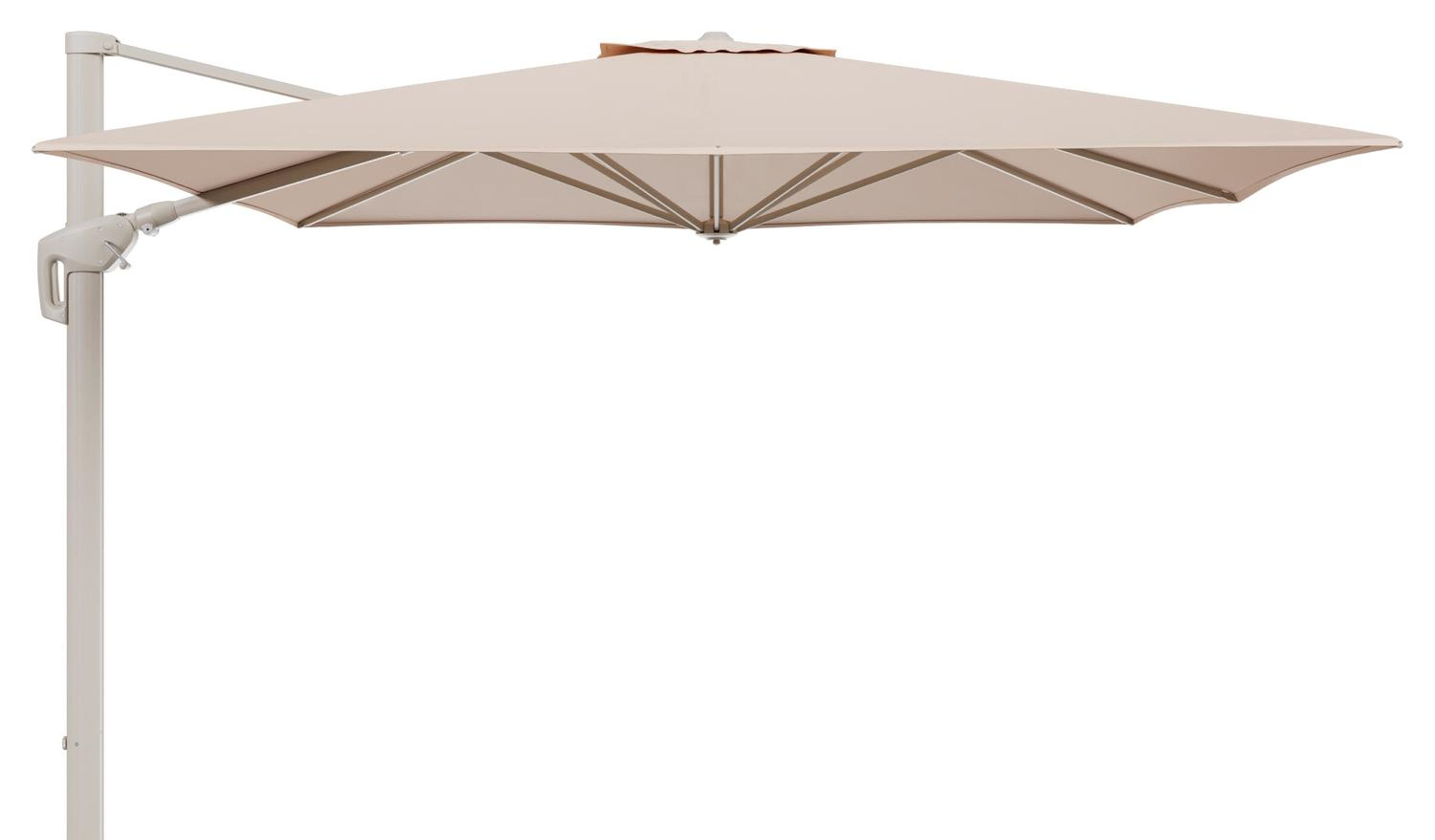 Minore zweefparasol met tiltfunctie in beige aluminium en Natte Linen Chalk All Weather Sunbrella® Luxe parasoldoek - L1 350 x L2 350 cm (zonder voet)