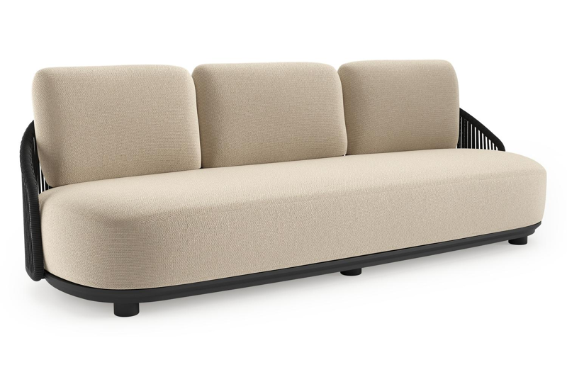 Vadelo loungebank in zwart aluminium en zwart verticaal geweven ronde rope met althea chalk all weather cosytica kussen