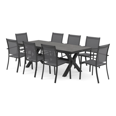 Ensemble de jardin Reza en aluminium noir avec plateau de table en céramique pleine gris et 8 chaises de jardin empilables Calobra