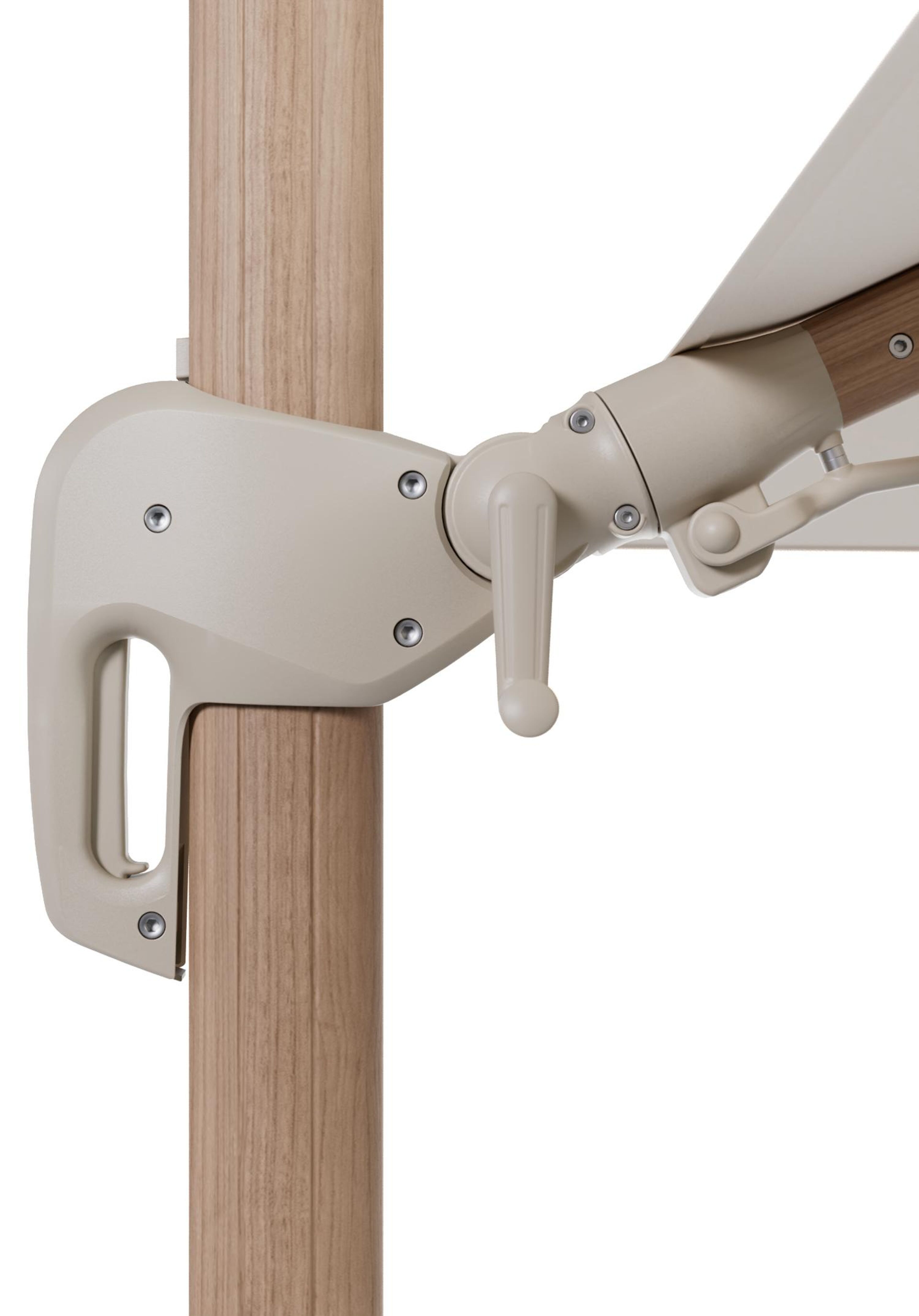 Rufina zweefparasol met tiltfunctie in houtlook aluminium en Natte Linen Chalk All Weather Sunbrella® Luxe parasoldoek - L1 400 x L2 300 cm met parasolvoet Minore 150 kg met wielen