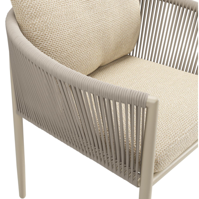 Organo tuinstoel in zwart aluminium en beige verticaal geweven luxe vlakke rope met stoelkussen in All Weather Cosytica Althea Camel