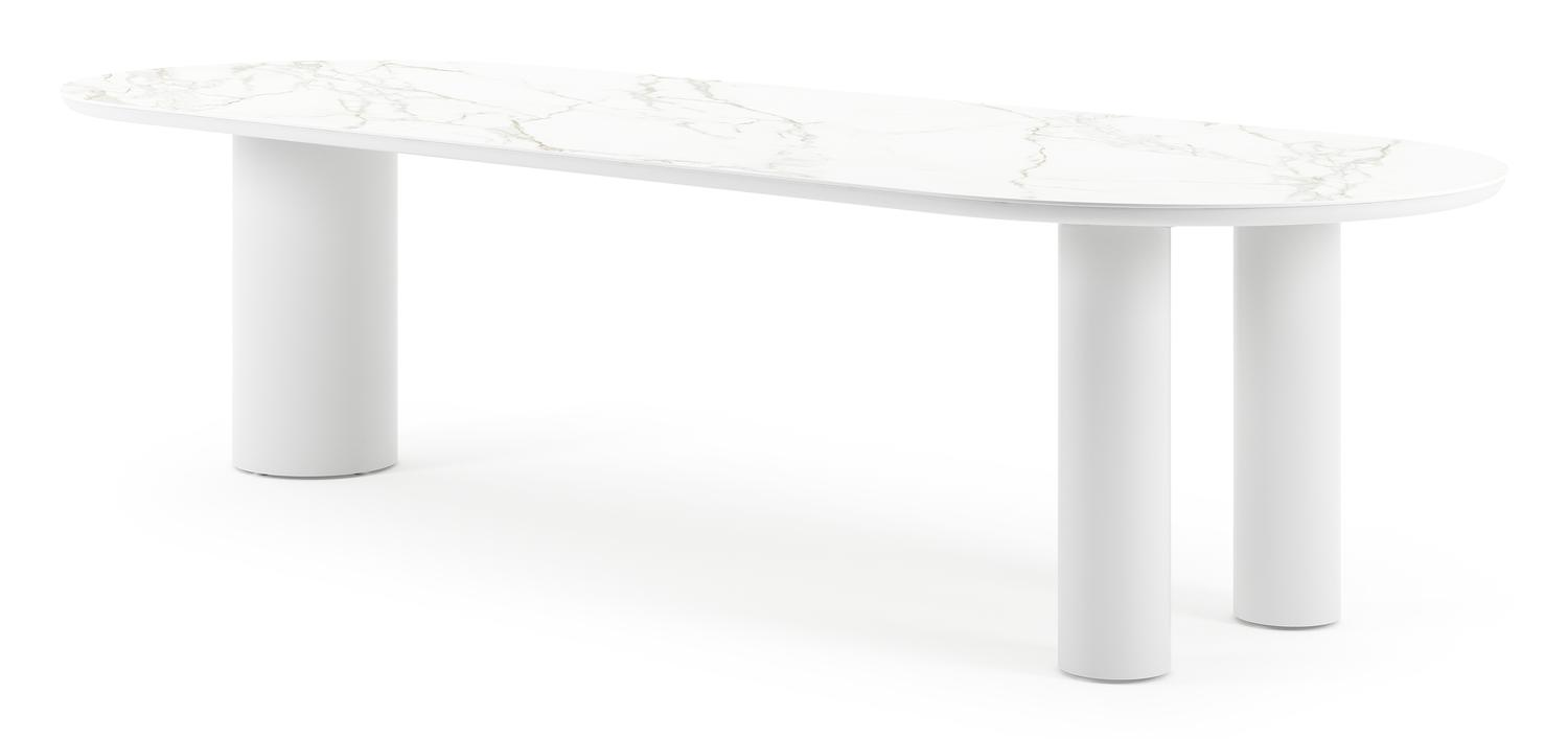 Table de jardin Organo oval en aluminium blanc et céramique pleine calacatta - Lg. 300 x Lrg. 110 x Haut. 74 cm